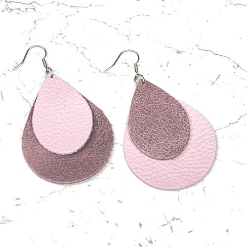 Leather Earrings Teardrop Double Layer Dusky lilac and Ice Pink Dangle Earrings Boho