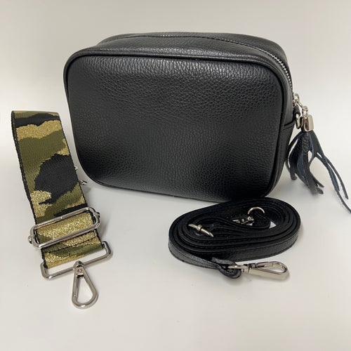 Black Leather Crossbody Bag Wide Strap Changeable Metallic Green Camo