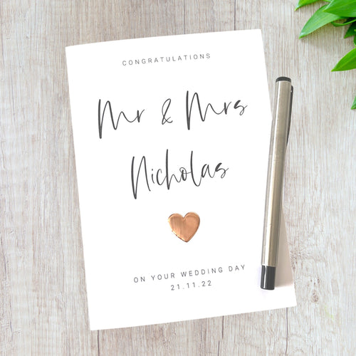 Personalised Wedding Day Card Copper Heart Wedding Card Mr & Mrs