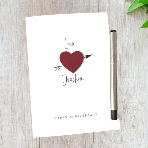 Personalised Anniversary Card Any Year Leather Heart Cupids Bow