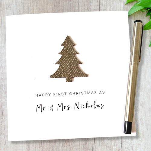 Personalised 1st Christmas Card as Mr & Mrs Leather Christmas Tree